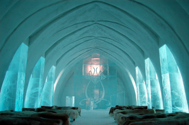 Interior of the church at the Icehotel