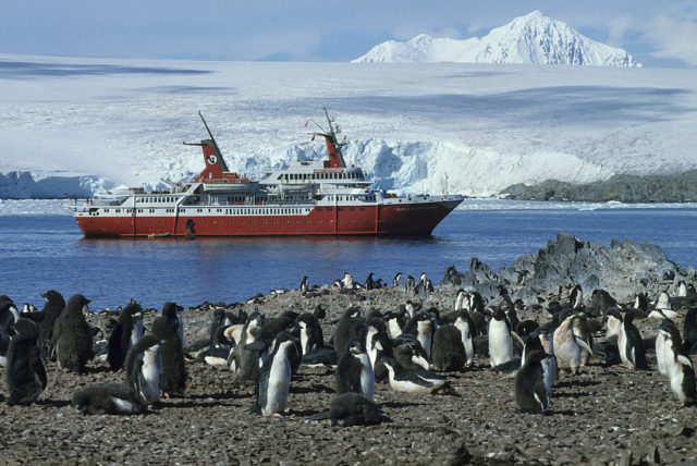 MS World Discoverer sailing by a colony of Adélie penguins