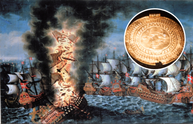 Illustration of battleship and fire and a gold coin