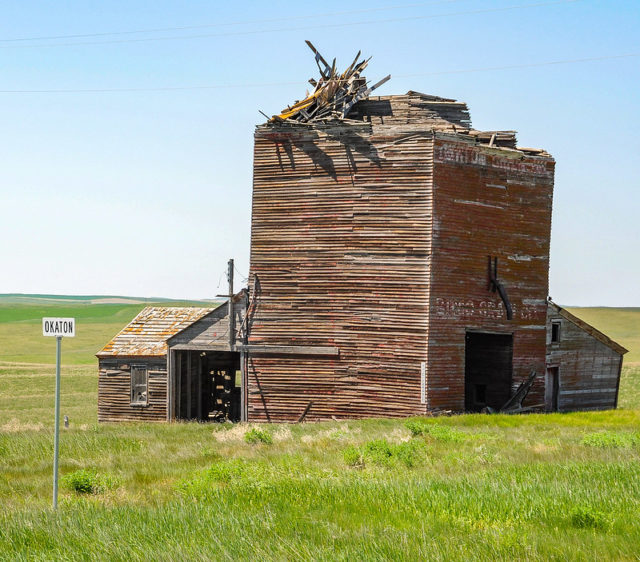 Abandoned wooden building in a grass field with the top falling apart.