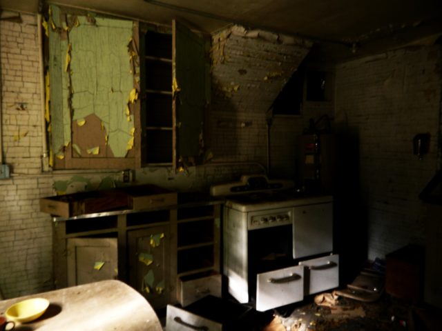 The decaying walls of a kitchen with rusted appliances