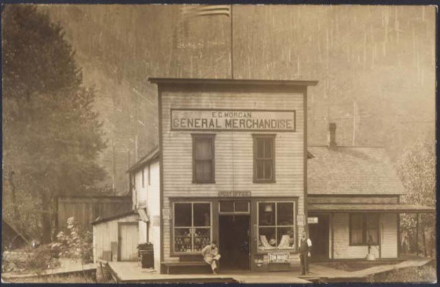 An old photograph of a general store storefront