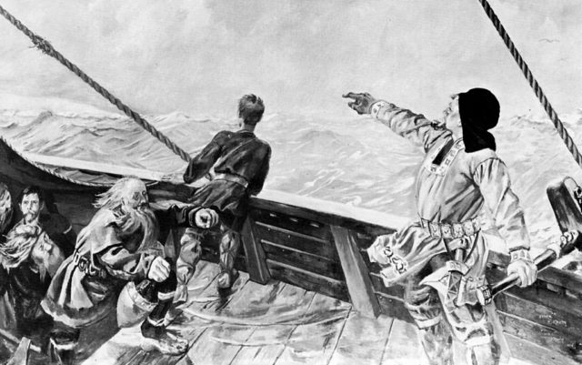 Drawing of Leif Erikson and his crew on a ship