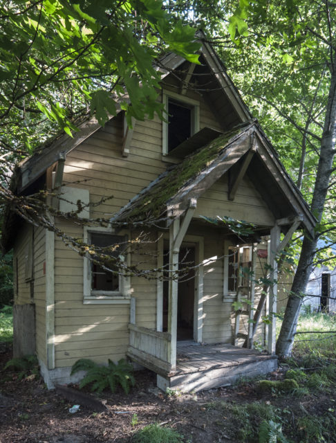 The side-front view of an abandoned building with vines growing along the walls