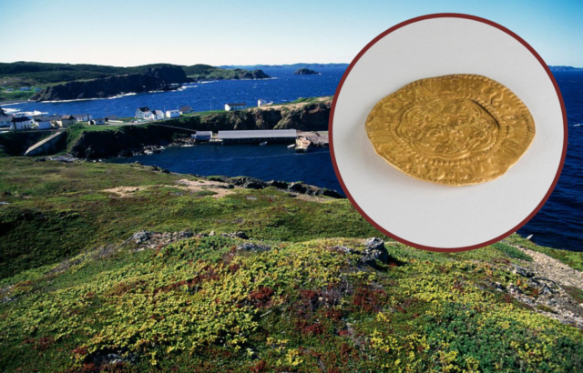 Houses along the coast of Newfoundland + Medieval gold coin against a grey backdrop