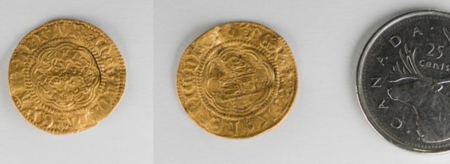 Both sides of a medieval gold coin next to a Canadian quarter