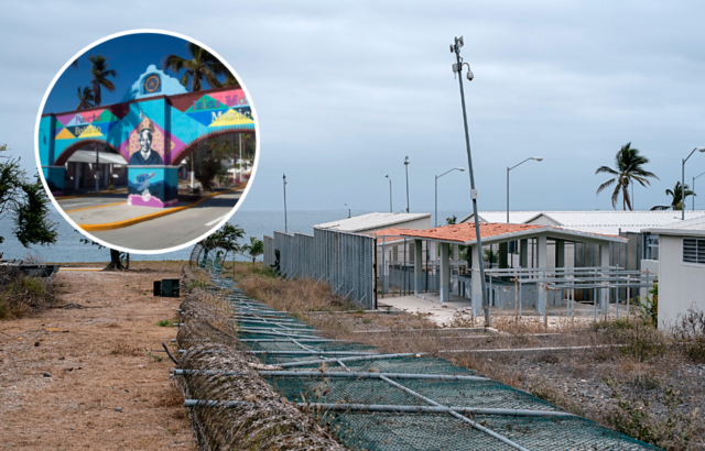 A prison structure with a fallen fence, as well as a colorful archway with Nelson Mandela's face