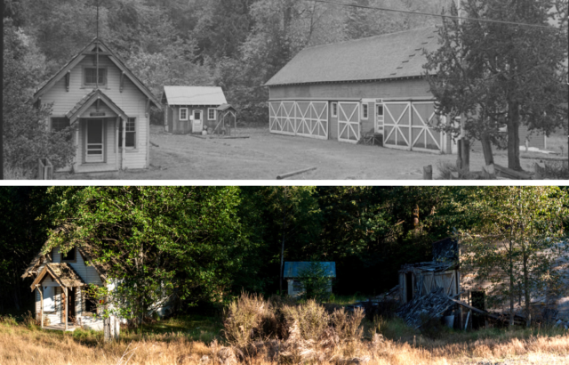 The before and after of three buildings in a once thriving then ghost town