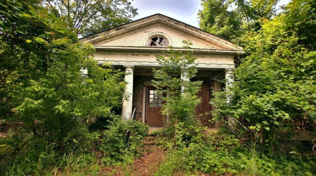 The front of a building covered in bushes and vines