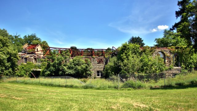A field view of a decrepit building