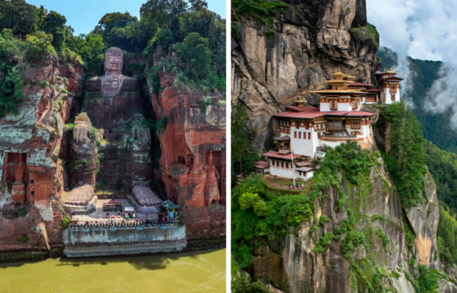 Side by side images of a monastery situated on a mountain side surrounded by trees.giant Buddha situated in between two treed cliff sides and