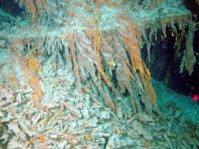 An underwater photos of rusticles that formed on the Titanic