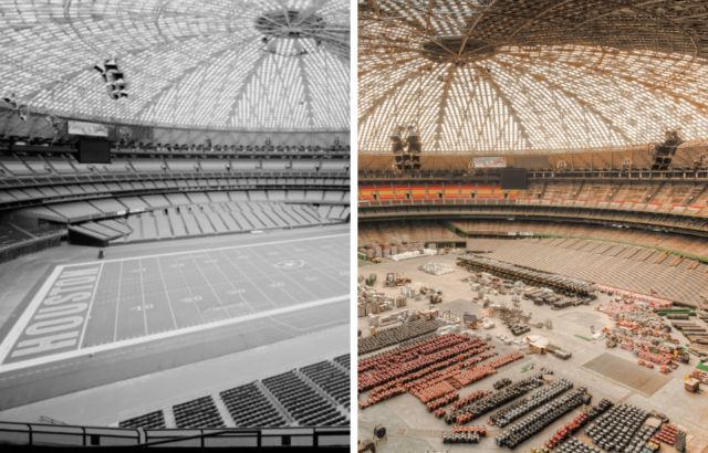 Two photos showing the interior of the Houston Astrodome, one dated 2004 and the other from 2016