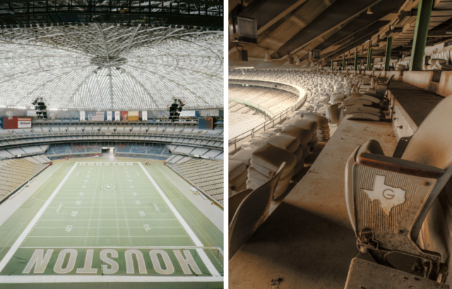 Interior of the Houston Astrodome + Stadium seats circling the interior of the Houston Astrodome