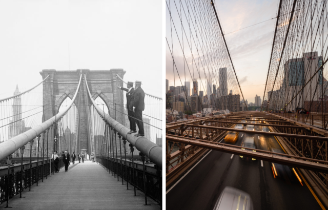 Side by side images of the Brooklyn Bridge in 1922 and 2017