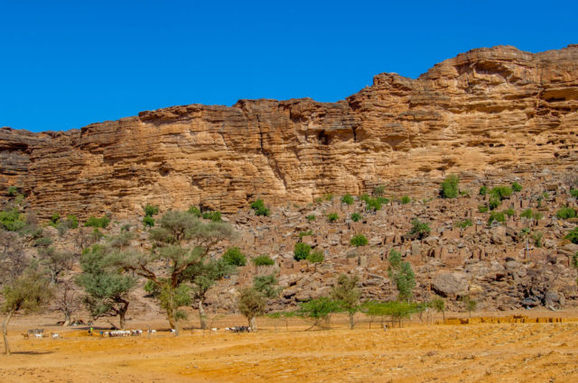 Distanced view of the Cliff of Bandiagara, a tall mountain with a series of stone houses 