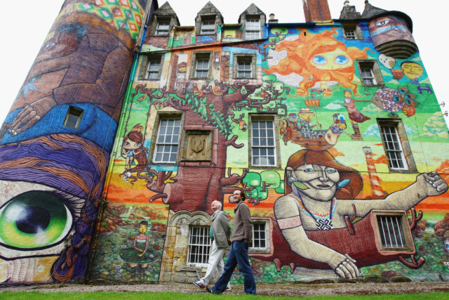 One of the graffitied walls of Kelburn Castle