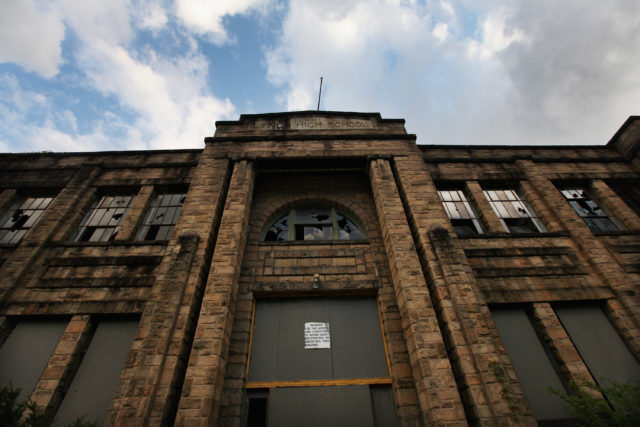 Exterior of an abandoned high school in Lynch, Kentucky