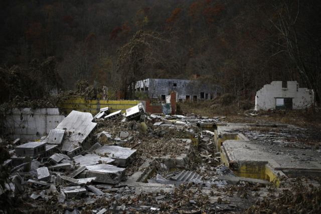 Concrete debris strewn across the ground