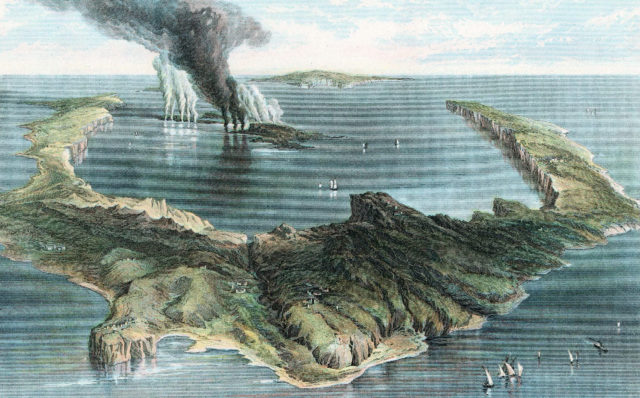 An illustration of an island bay with a volcanic eruption occurring on a neighboring island