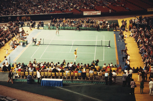 Billie Jean King and Bobby Riggs play tennis at the Astrodome