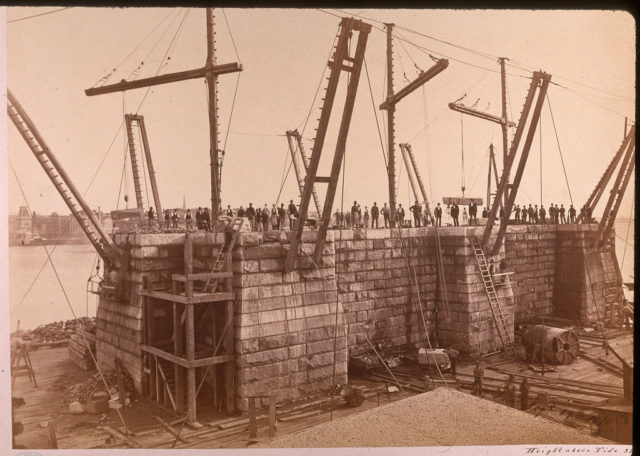 The foundation of one of the Brooklyn Bridge towers where caissons were used to dig into the riverbed. 