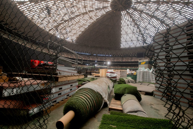 Roles of unused AstroTurf beneath the dome of the Houston Astrodome