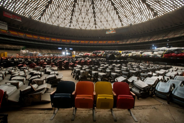 Stadium seats placed in the middle of the Houston Astrodome