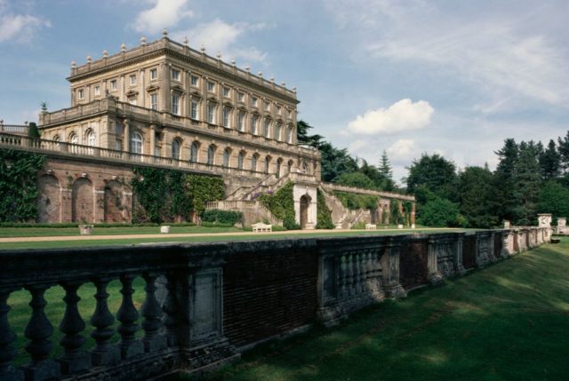 Side view of Cliveden House with elaborate stairs leading up to the building.