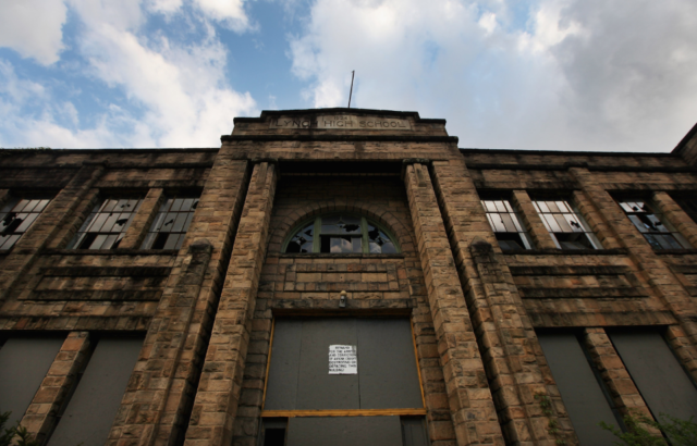 Exterior of an abandoned high school in Lynch, Kentucky