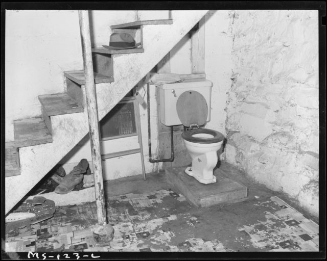 A toilet under a staircase in a basement