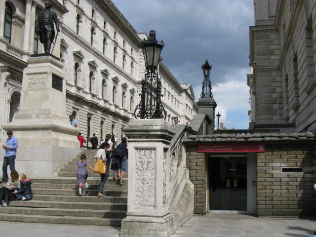 Tourists walking up steps near the Cabinet War Rooms