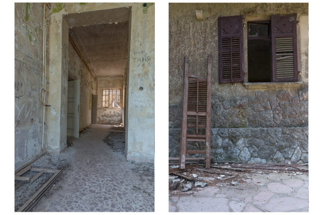Side by side images of interior hallways in the villa in disrepair.