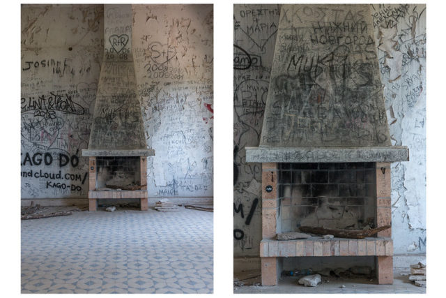 Side by side photos of the fireplace covered in graffiti in the villa.