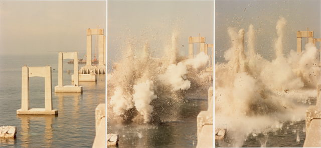 Three progression photos show concrete piers and their demolition