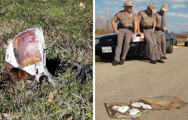 Side by side images of an astronaut's helmet and Texas state troopers watching over a piece of debris 