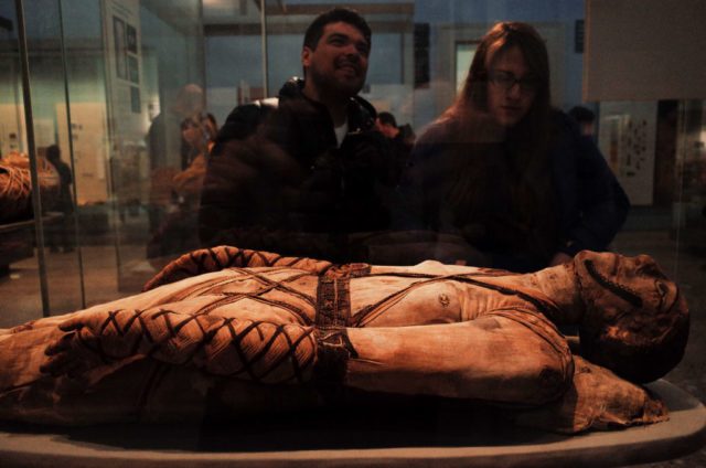 Couple looking down through glass at a mummy in the British Museum. 