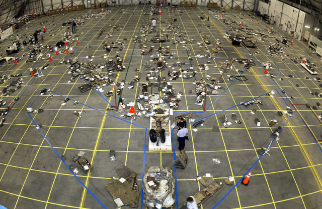 A layout of the recovered debris from Columbia at Kennedy Space Center