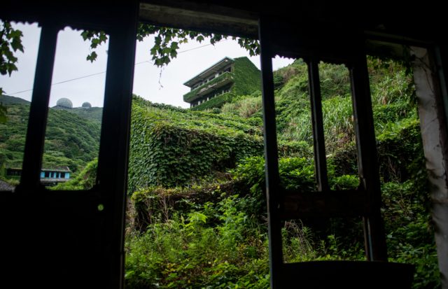 View from inside a building looking out onto a hill of other buildings covered in plants