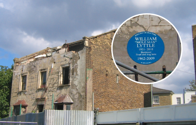 A corner image of a dilapidated house, a plaque of a deceased man on top