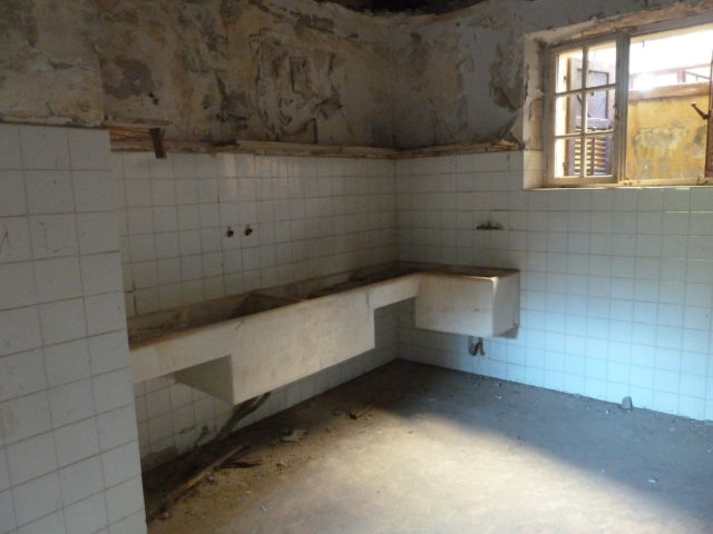 Long kitchen sink mounted to a tile wall in an abandoned room.