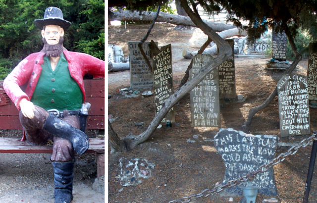 Sculpture of a man sitting on a bench cross-legged, and wood tombstones with faded paint