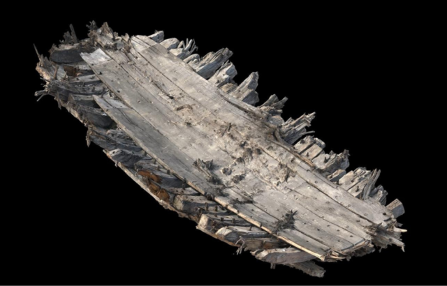 3D model of the base of a wooden ship.