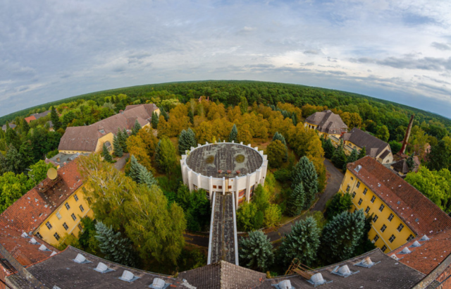 Aerial view of abandoned buildings in the town of Wunsdorf.