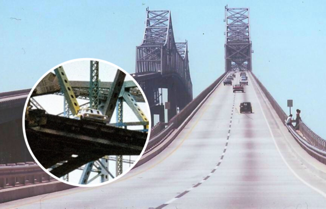 View of going up on a bridge, image of a car hanging off the side of a collapsed bridge on top