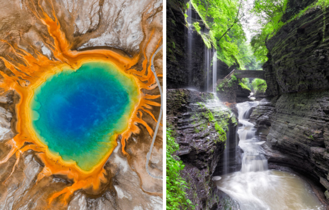 Side by side images of the colorful Grand Prismatic Spring, and the Watkins Glen State Park with a waterfall and bridge between two tall rock faces.