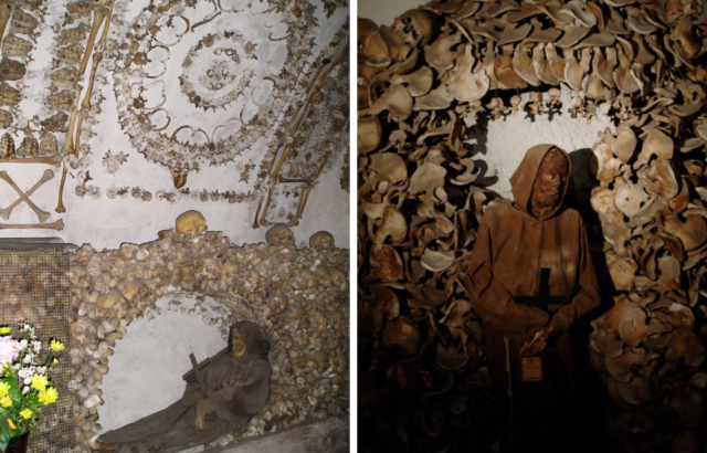 Side by side images of bones and skeletons from the Santa Maria Immacolata crypt