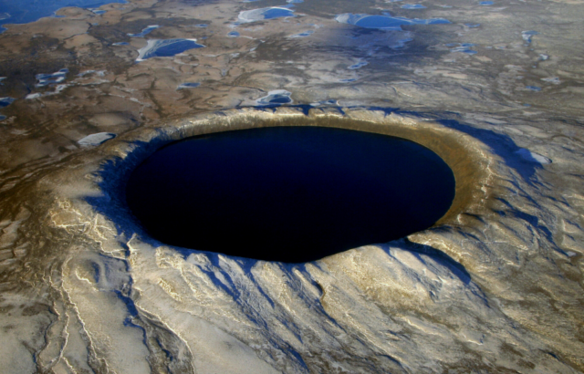 An aerial view of the Pingualuit Crater in Nunavut, Canada