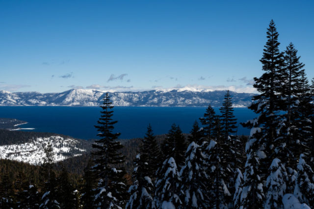 Snow covered mountains surrounding Lake Tahoe.