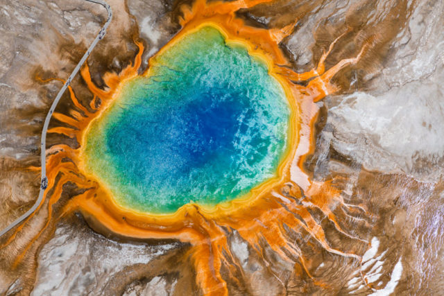 Aerial view of the colorful Grand Prismatic Spring.